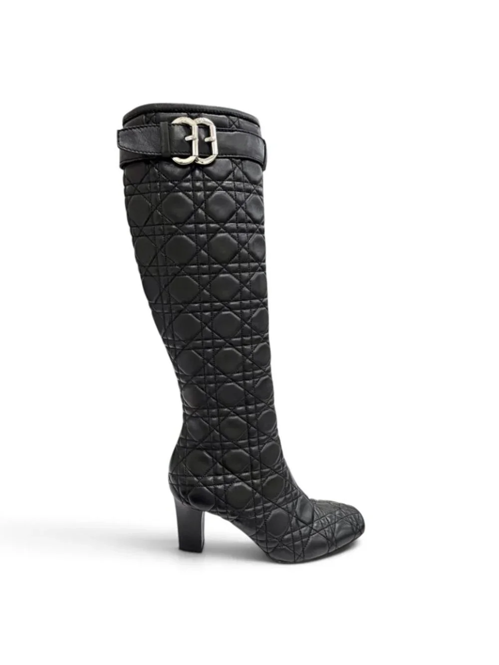 Dior Cannage Side Zip Leather Long Boots Black Silver